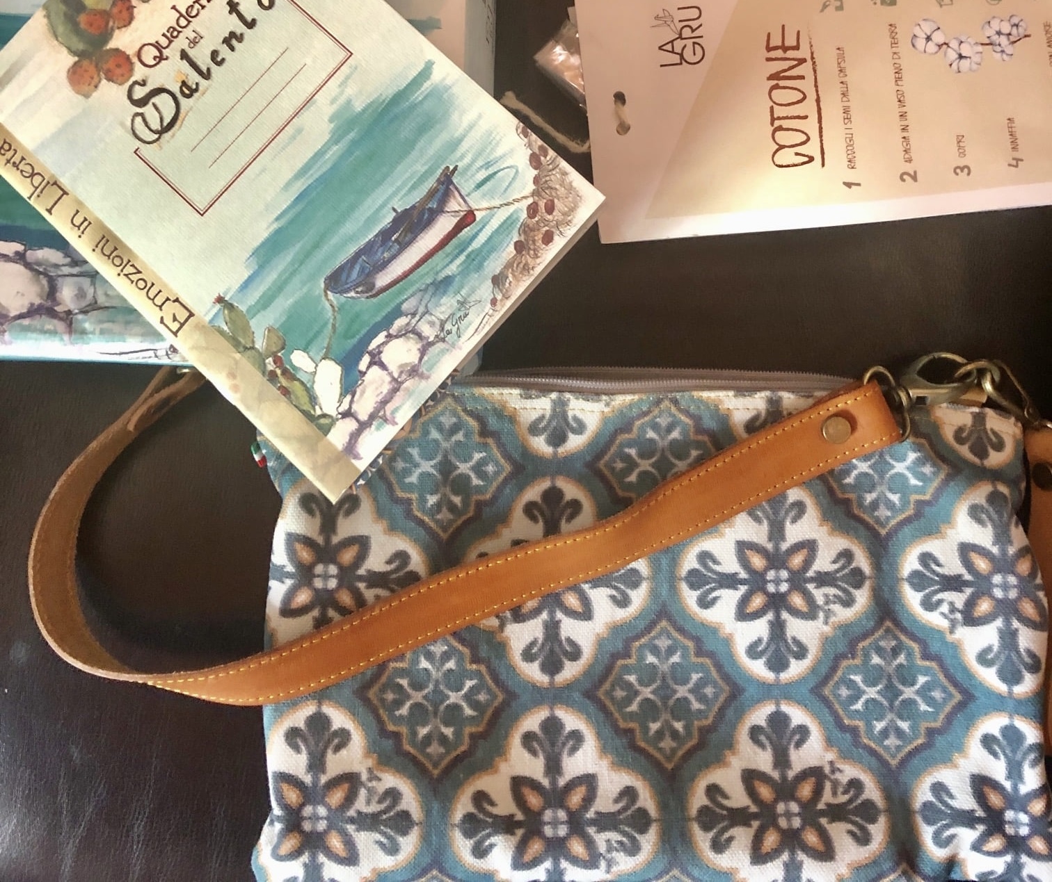 Italian leather blue bag with tile details